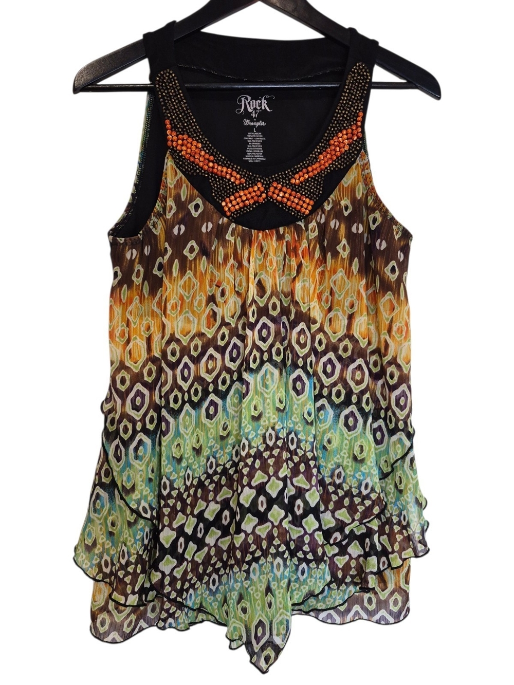 Rock 47 by Wrangler Beaded Geometric Tiered Flowy Tank Top Size Large